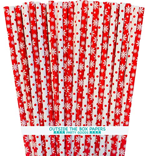 Snowflake and Polka Dot Christmas Paper Straws - Red Straws - 7.75 Inches - 100 Pack - Outside the Box Papers Brand