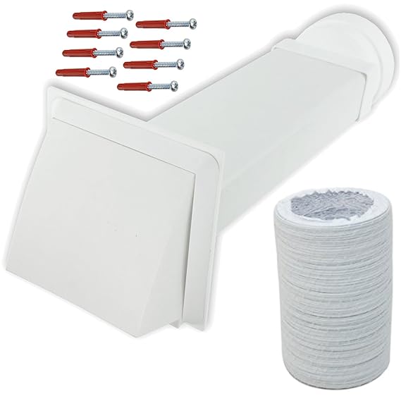 SPARES2GO Universal Exterior Wall Tumble Dryer Vent Cover Kit & Extension Hose (White, 4