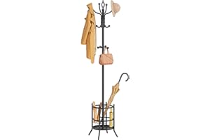 Tajsoon Coat Rack Stand with Umbrella Holder, Coat Tree Freestanding with 16 Hooks, Coat Hangers Stand for Living Room, Bedroom, Office, Black