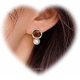 Crymystal Vintage Pearl Dangle Earrings Amber Stone Earrings Gold Amber Stone Stud Earrings Pearl Drop Earrings Pearl Amber Stone Earrings Jewelry for Women and Girls