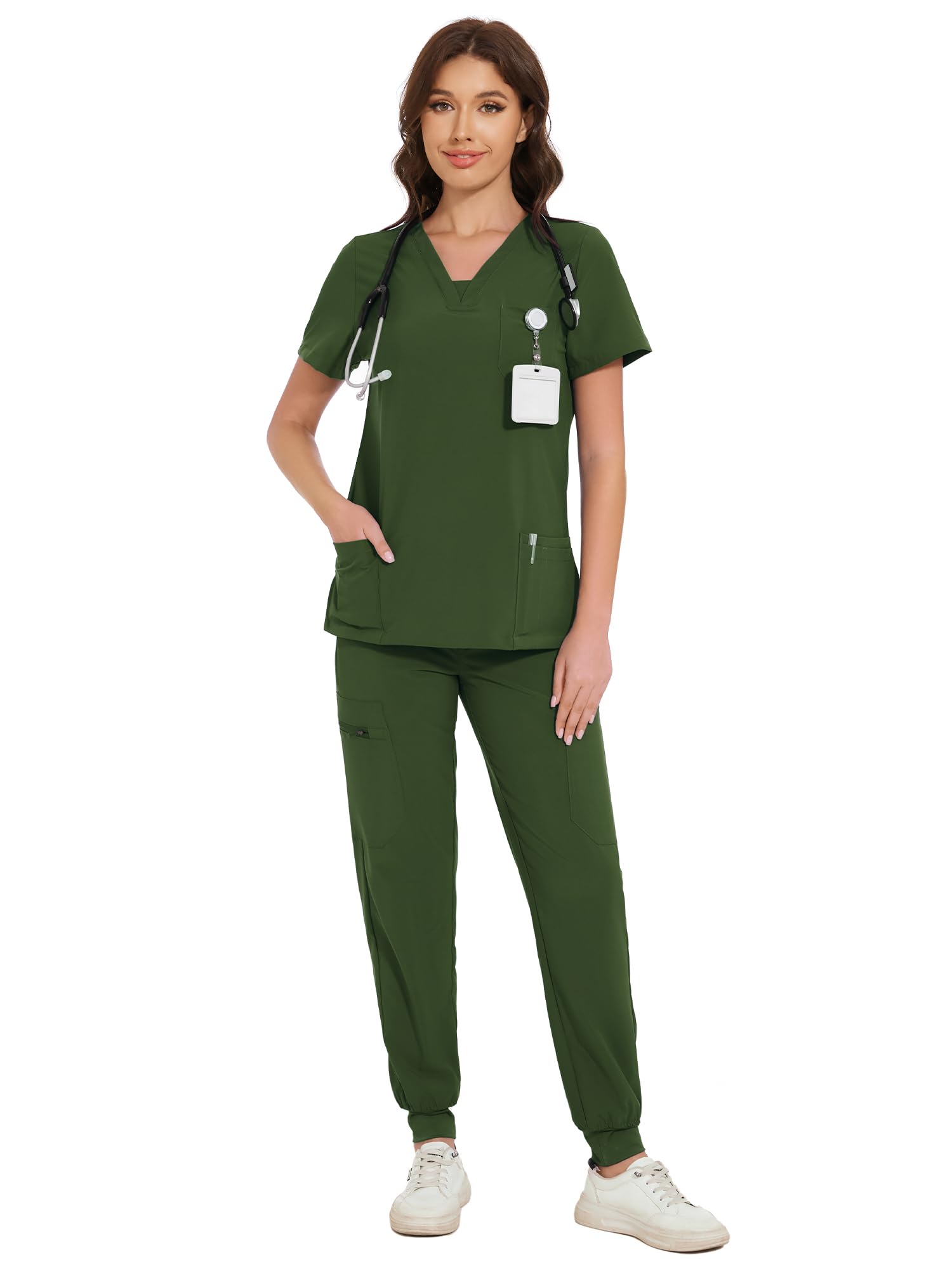 COZYFIT Scrubs for Women - V-Neck Top & Cargo Pants Scrubs Set with 10 Pockets - Army Green, 3XL Image