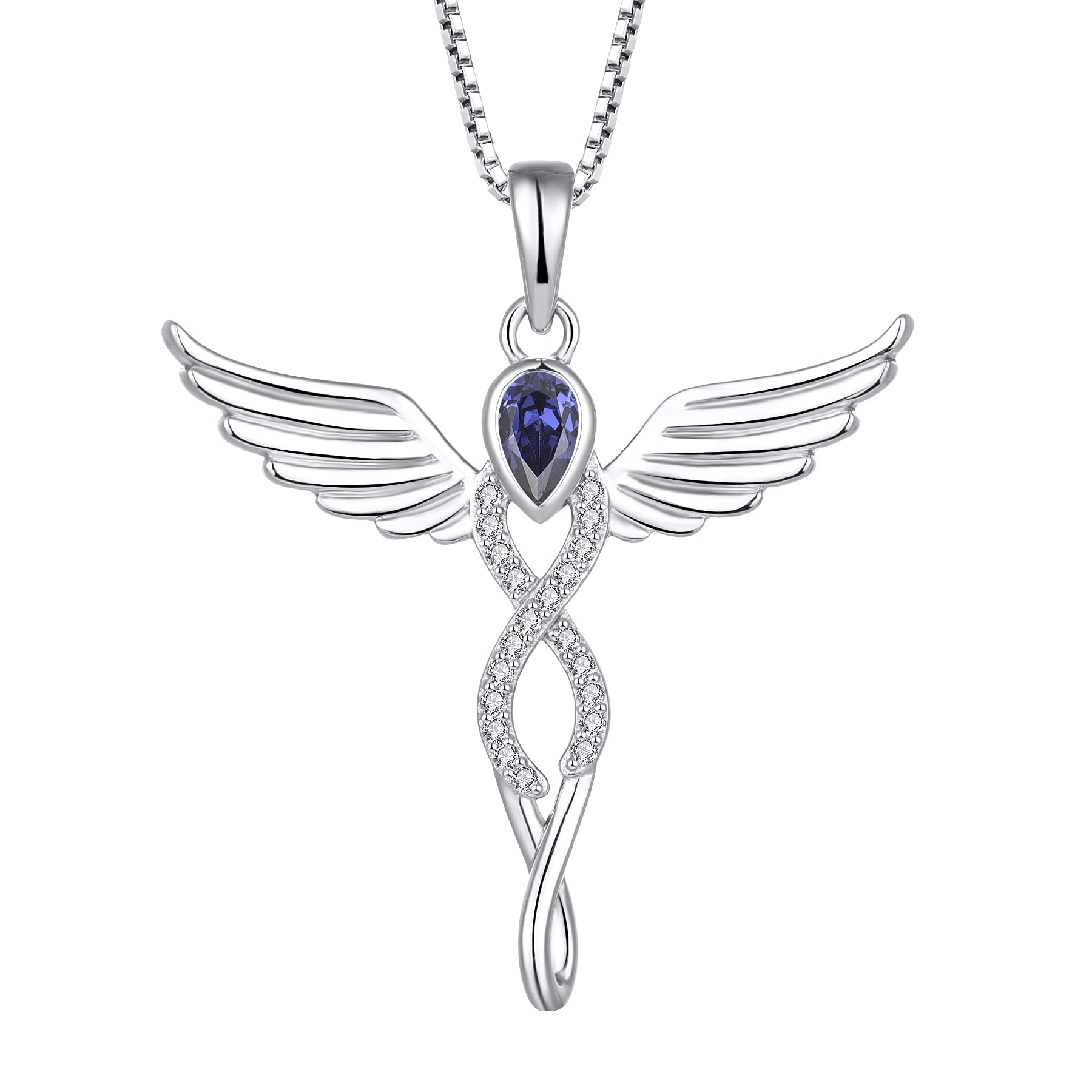 FJ Guardian Angel Necklace 925 Sterling Silver Infinity Angel Wings Pendant Tanzanite Necklace December Birthstone Jewellery for Women