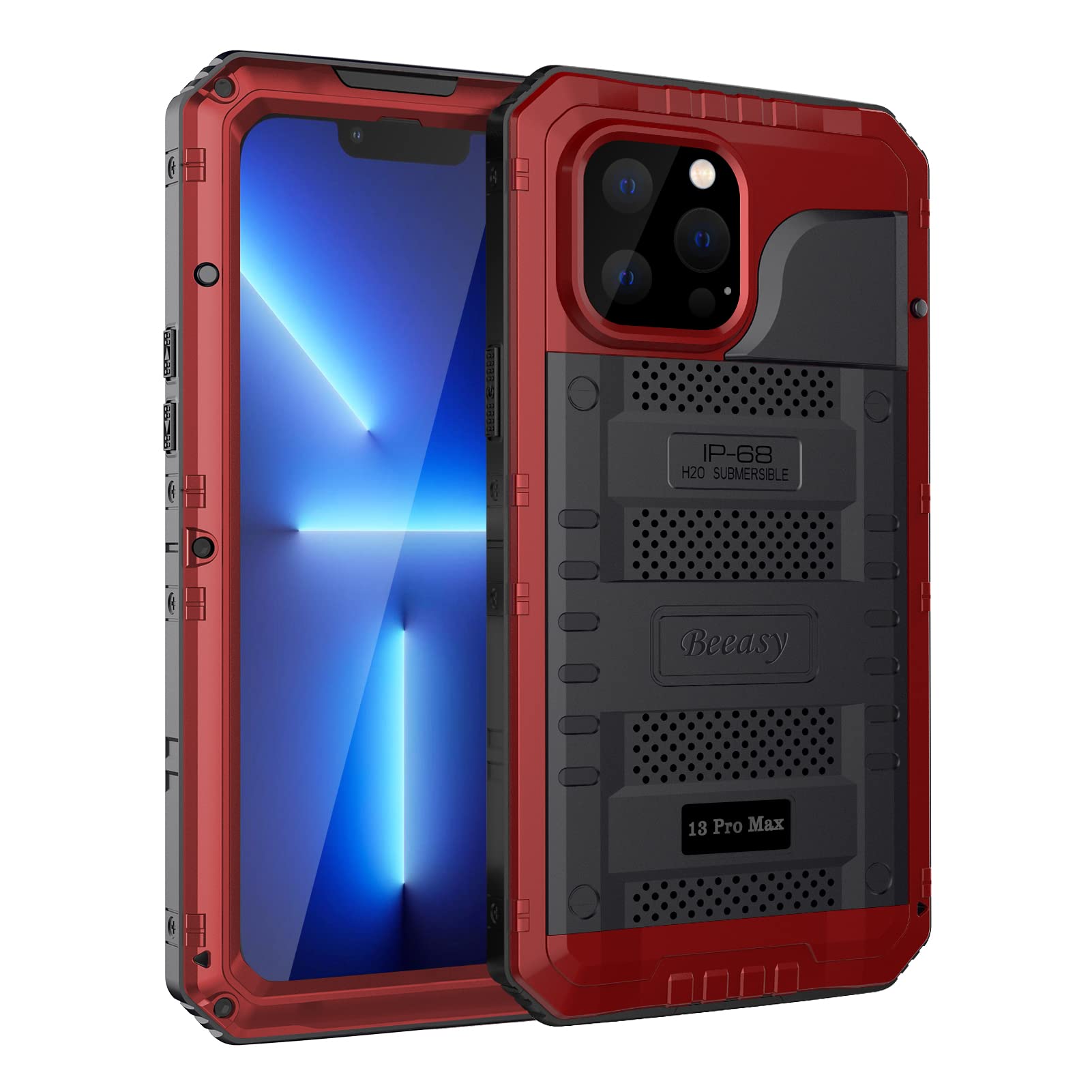 Beeasy for iPhone 13 Pro Max Case Waterproof Heavy Duty Shockproof Tough Metal Armour Cover Dustproof Built-in Screen Protector, 360 Full Body Military Protective Rugged Case for 13 Pro Max 6.7",Red