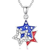 Shusukue 4th of July Necklace 925 Sterling Silver Patriotic Pendant with Stars Red White and Blue American Flag Independence Day Memorial Day Jewelry Gifts for Women