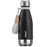 VINUR Kids Water Bottle-9 oz Stainless Steel Double Wall Vacuum Insulated Water Bottle for School-Cola Shape Flask with Carry Rope(Black)