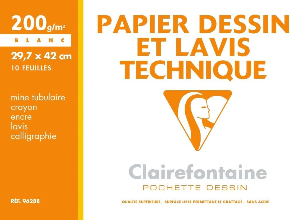 Clairefontaine, Ref 96288C, Technical Drawing Paper (Pack of 10 Sheets), 29.7 x 42cm in Size, 200gsm Paper