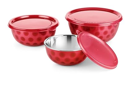 POG Stainless Steel Microwave Bowl Set, 3-Pieces, Red