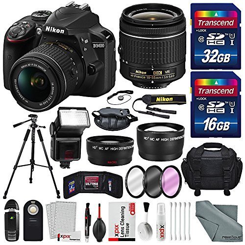 Nikon D3400 with AF-P DX NIKKOR 18-55mm f/3.5-5.6G VR Lens, 32 GB SDHC and Basic Bundle (Nikon D3300 Best Price)