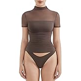 SUUKSESS Women Sexy Mesh Sheer Short Sleeve Tops Mock Neck Ruched Going Out Shirts