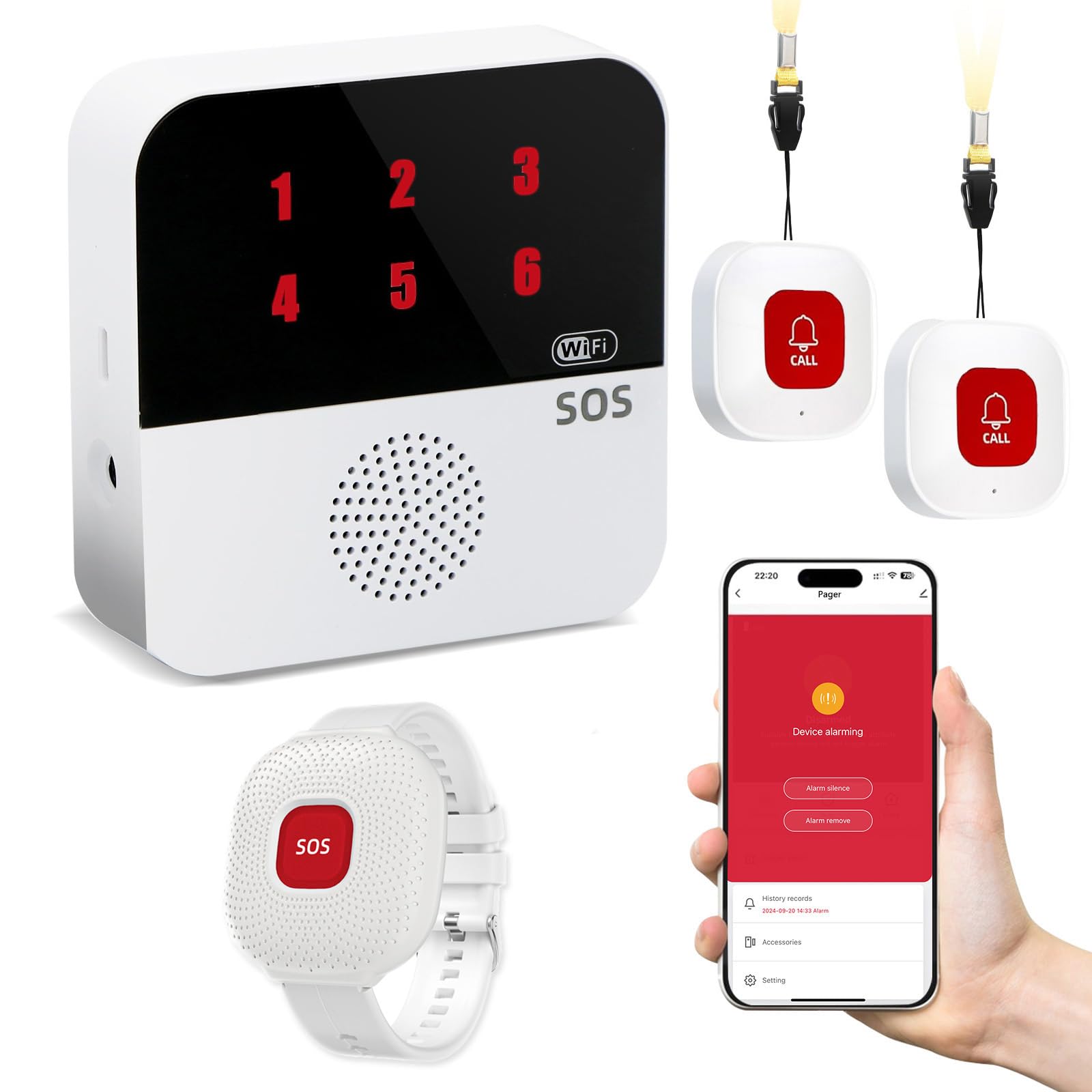 life alert systems for seniors no monthly fee app-controlled caregiver pager, 1–6 led number reminde