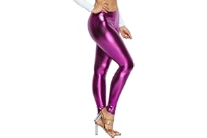 Ofenti Metallic Shiny Leggings - High Waist Faux Leather Footless Tights Pants Wet Look Skinny Glamour