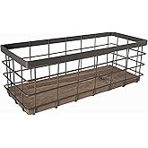 HUA HUALINK- Small Metal Wire Storage Basket, Detachable Wood Base Storage Organizer Bin Basket for Kitchen Cabinets, Bathroom, Pantry, Garage, Laundry Room - Brown