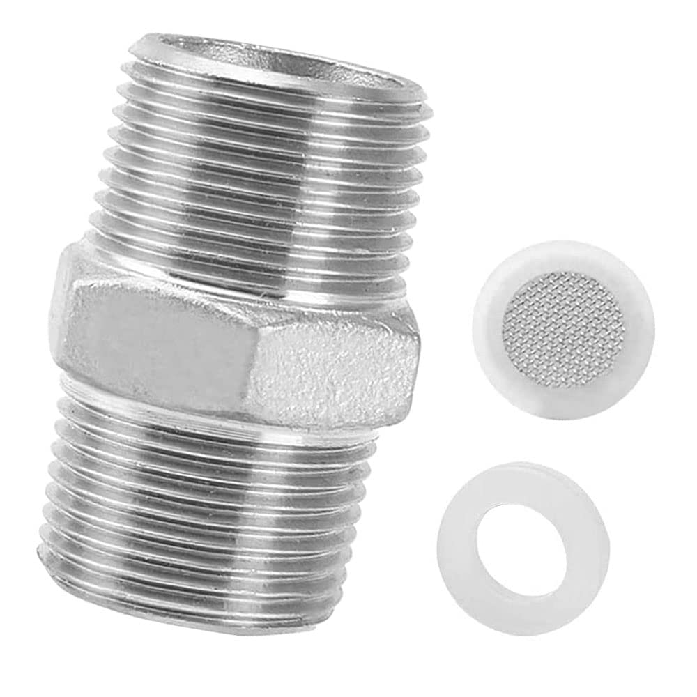 ZHIQIN 1/2" Stainless Steel Double Nipple Connector Shower Hose Extension Threaded Connector Adapter with 1 Bubble Filter 1 Gasket
