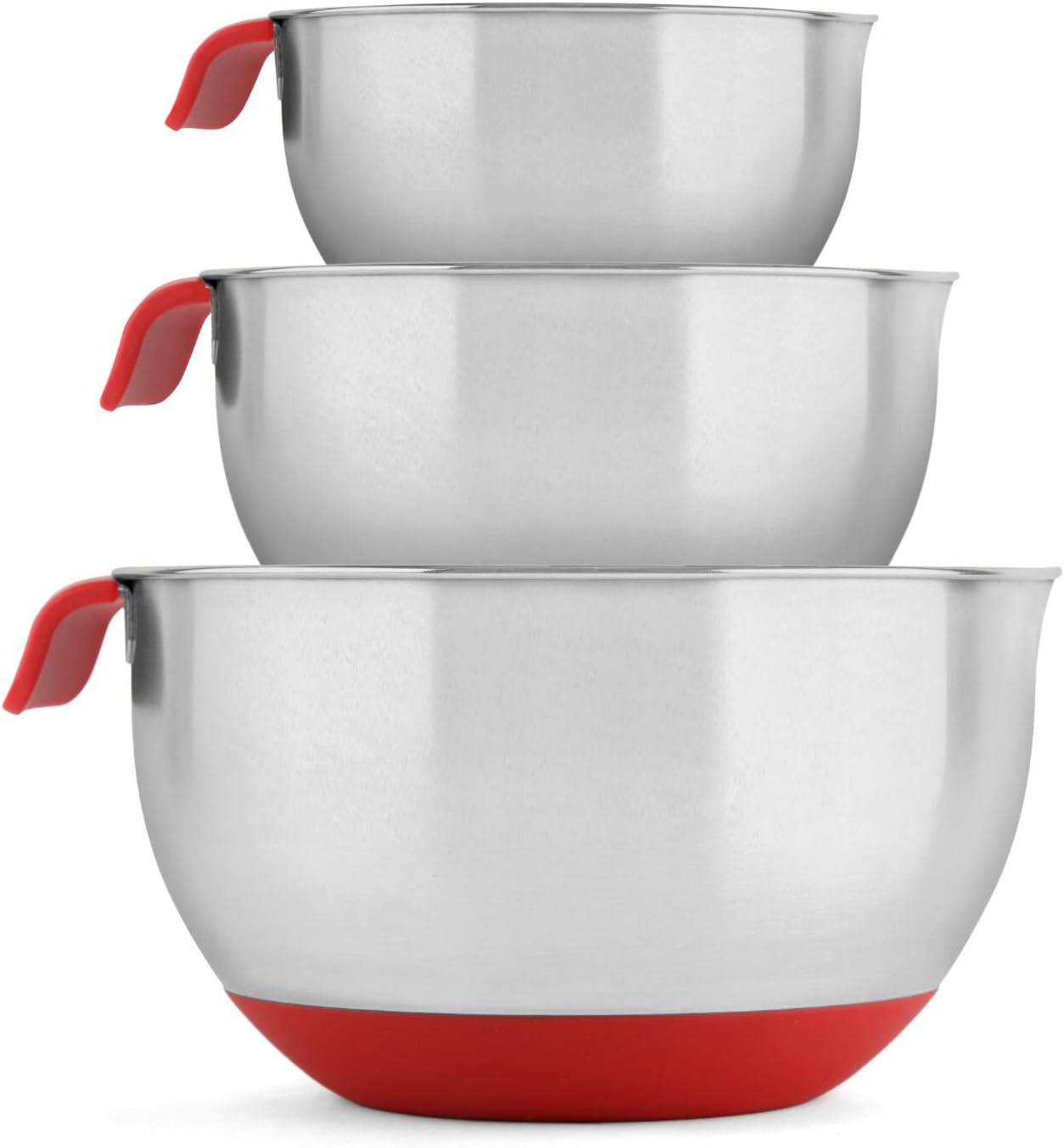 Belwares 18/10 Stainless Steel Mixing Bowls with Handle and Spout, Set of 3 (Red)