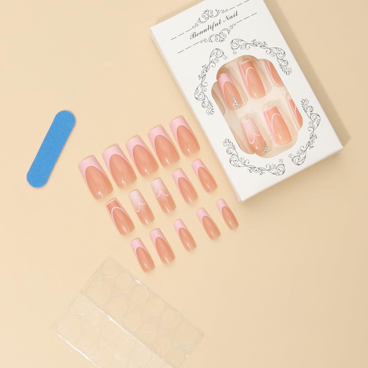 Pink French Tip Press on Nails Long Gradient Coffin Shape Nude Nails Fake Nails with Design French Nails Press ons Cute Heart Line Stick on Nails Medium Square Acrylic Nails for Women Daily Wear 24Pcs - Image 5