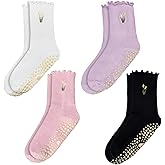 ERMO NKES 4 Pairs Cute Pilates Grip Socks for Women - Ruffle Top Non Slip Yoga Socks with Embroidery, Barre Grippy Socks