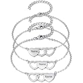Ashleymade 3PCS Personalized Name Heart Bracelet Best Friend Bracelet for 3 Sister Bracelet Link Chain Gift Custom Mother Daughter Bracelets Engraved Love Bracelets for Women