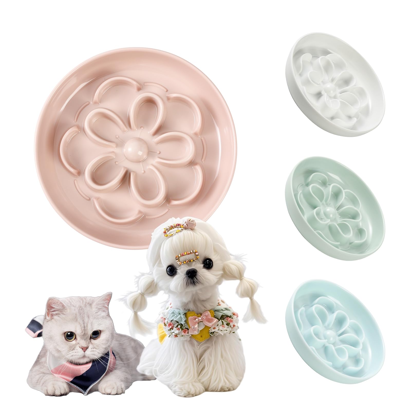 Photo 1 of Melamine Cat Slow Feeder Bowl - Floral Maze Cat Food Dish - Flat Plate for Dry & Wet Food - Cute Kitten Bowl - Dishwasher Safe - 6.3'' W x 1'' H - 5.5 oz (160g) - Pink