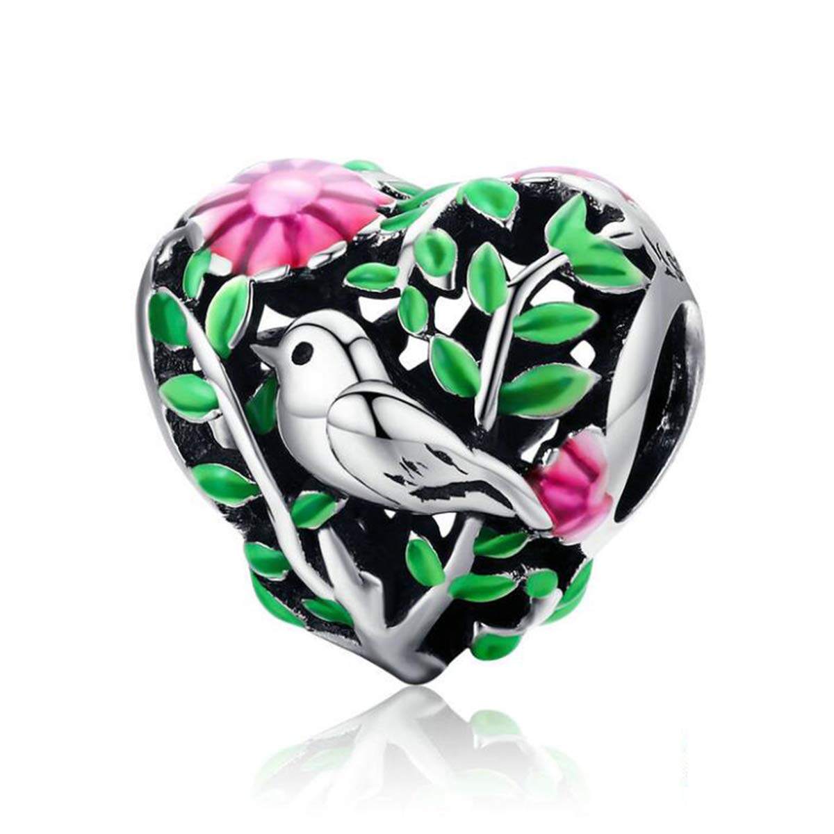 Lin Zhong Bird Charms Sterling Silver Fashion Jewelry Pink Flower Animal Charms for Pandora Bracelets (Bird Bead Charm)
