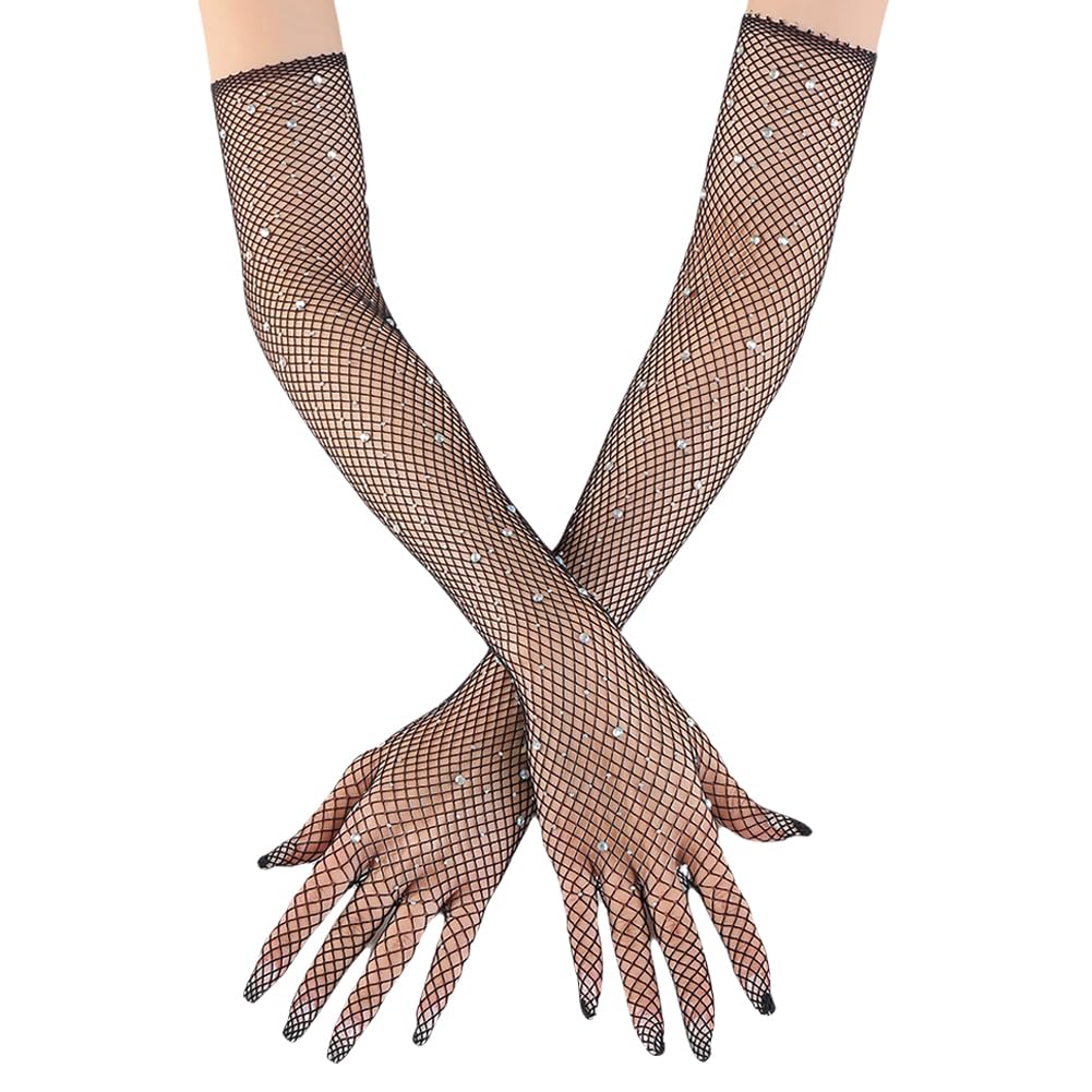 JIHUOO Rhinestone Fishnet Gloves Long Sparkly Mesh Gloves Glitter Opera Gloves Fashion Tea Party Gloves Halloween Costume Gloves Black