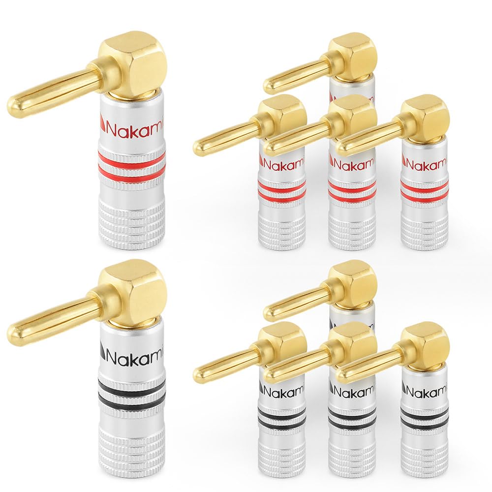Nakamichi Excel Series 24k Gold Plated Banana Plug 12 AWG - 18 AWG Gauge Size 4mm Speakers Amplifier Hi-Fi AV Stereo Home Theatre Audio Wire Cable Screw Connector 10 Pcs (5-Pairs), Right Angle Plug