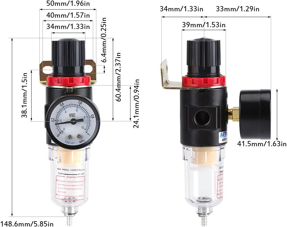 Zerodis 1/4" Air Filter Regulator with Gauge, Compressed Air Pressure Regulator Water Trap Moisture Separator for Air Compressor Tools - Image 5