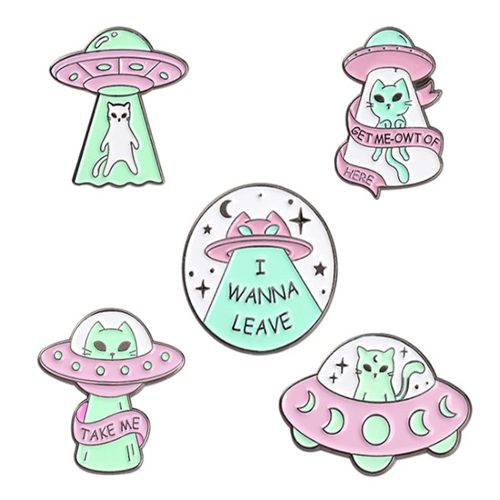 5 Pieces Enamel Brooch Pins,Cartoon Lapel Brooch,Space Badge Pin,Cartoon Brooch,Spaceship Green Cat Pin,Brooch Lapel Badges,Pin for Children Women Fashion Collar Badge Clothing Bags Jackets Decor