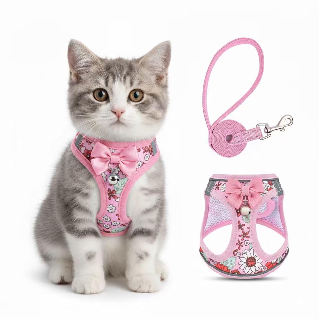 Cat Harness and Lead Escape Proof for Walking, Adjustable Soft Kitten Harness with Reflective Straps Step in Cat Vest for Small Kitten and XS Dogs