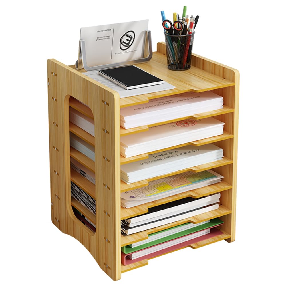 Wooden Desk File Organiser, A4 Paper Letter Tray Desktop File Holder Document Storage Rack Desk Tidy Organiser for Home Office Supplies(js06,Cherry Wood)