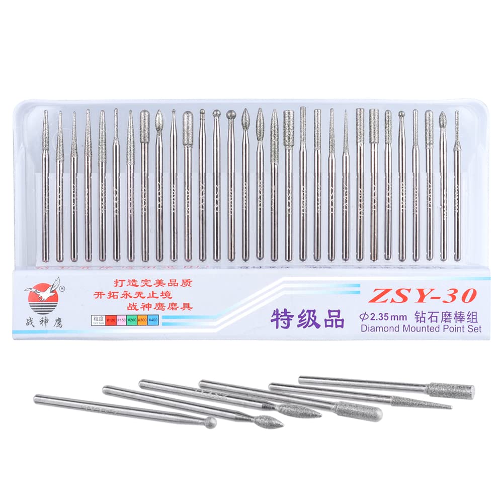 Mesee 30 Pieces Diamond Coated Burrs Set, 2.35mm Shank Grinding Bit Rotary File Diamond Burr Rotary Grinder Tool Accessories Kit for Grinding Polishing Carving Stone Jewelry Ceramics