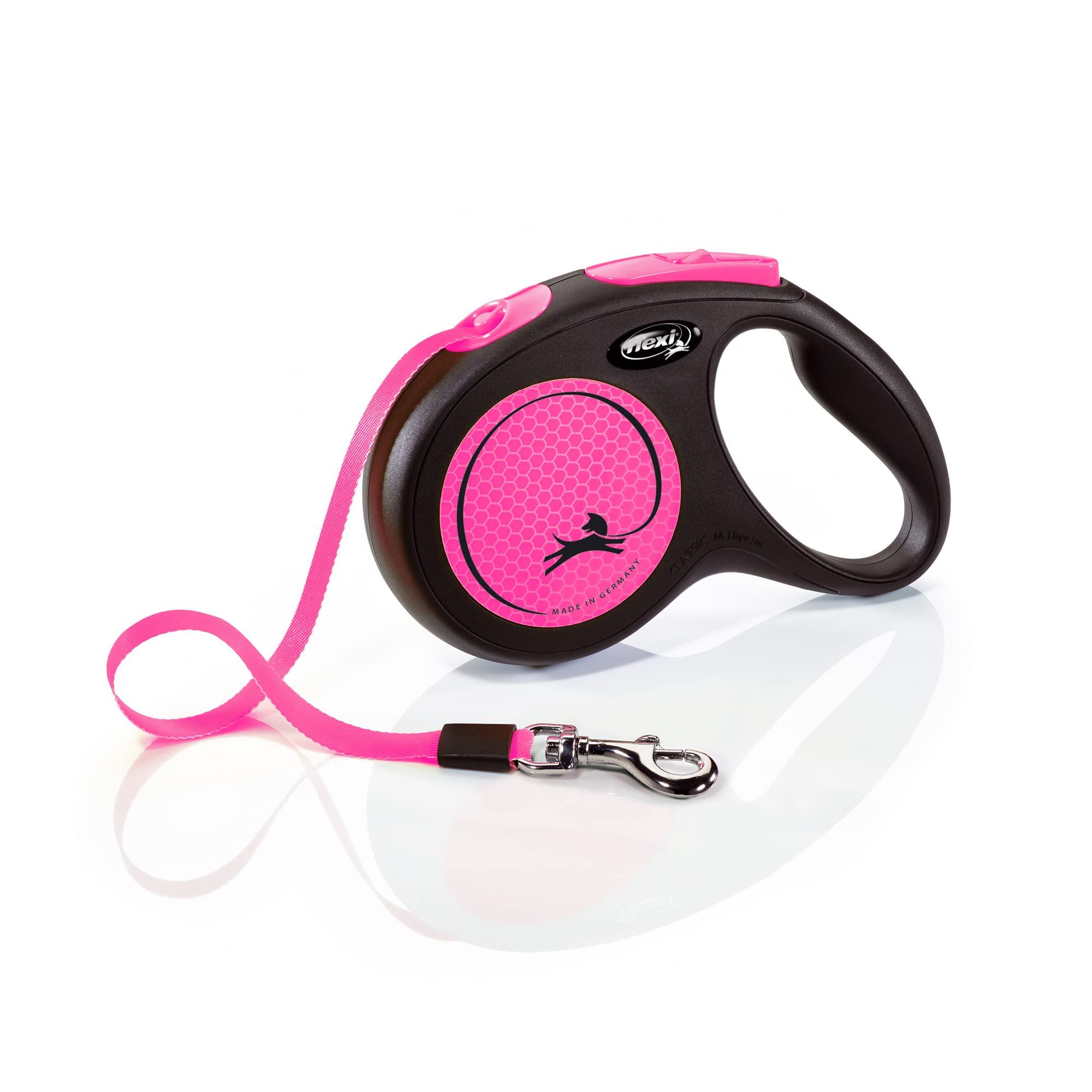 flexi Neon M Tape 5 m black/neon-pink, retractable leash for dogs up to 25 kg