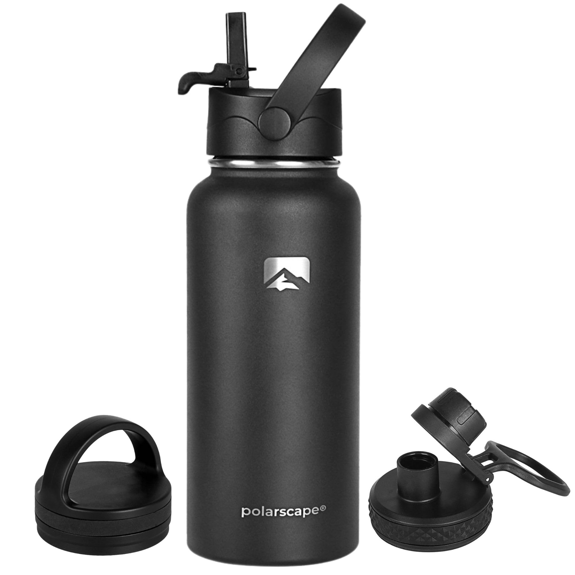 Polarscape Stainless Steel Insulated Water Bottle with Straw - Metal Water Bottle, Includes 3 Lids, 2 Straws, and Straw Brush - Wide Mouth, Double-Walled, BPA Free, Leak Proof - 1L Black