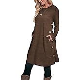 OFEEFAN Long Sleeve Dress for Women Crew Neck Tunic Dress with Pockets Buttons Side
