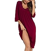 YYA Women's Soft Lightweight Nightgowns V Neck Nightwear 3/4 Sleeve Sleepwear with Pockets Dark Red