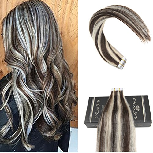 Ugeat 20inch Skin Weft Hair Extensions Seamless Highlighted Color Dark Brown Highlight with Platinum Blonde 50 Gram Tape ins Real Human Hair Extensions