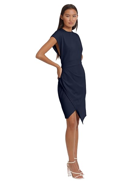 DONNA MORGAN WOMEN’S DRESSES SLEEK FAUX WRAP DRESS WITH ASYMMETRIC SKIRT OFFICE WORKWEAR EVENT GUEST OF, DOLMAN – TWILIGHT NAVY, 22