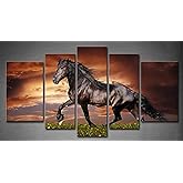 5 Panel Wall Art Black Friesian Running Horse Trot On The Field On Sunset Grass and Flower Painting Pictures Print On Canvas Animal The Picture for Home Modern Decoration Piece (A)