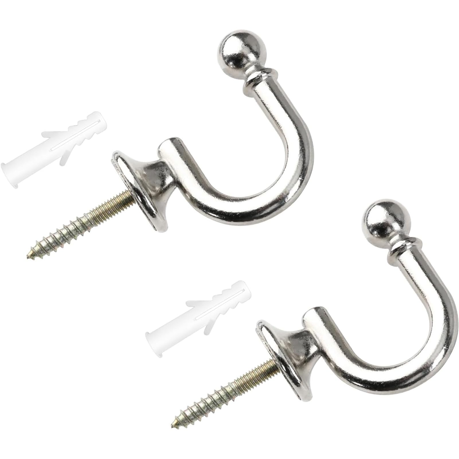 2 Pack Tie Backs Hooks for Curtains, Silver Metal Heavy Duty Ball End U-Shaped Curtain Holdbacks, Wall Mounted Curtain Tieback Screw Hooks for Hanging Clothes Bags Shower Window Curtains Keys