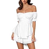 Mannice Off the Shoulder Rompers for Women Dressy Short/Long Sleeve Romper Ruffle Layer Back Tie Mini Short Jumpsuits