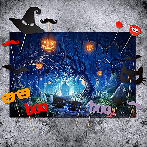 Halloween Backdrops with Photo Booth Props, MeeQee 7X5ft Photography Background Halloween Horror Night Old Tree Graveyard Forest Tomb Pumpkin Studio Props Photo Backdrop Background, MQ-HAW3