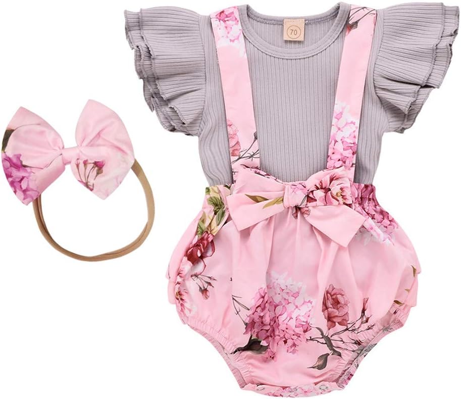 Baby Girl Outfits Toddler Infant Bowknot Ruffle Floral Sleeveless Top and Strap Jumpsuit Bloomers Shorts with Headband Set
