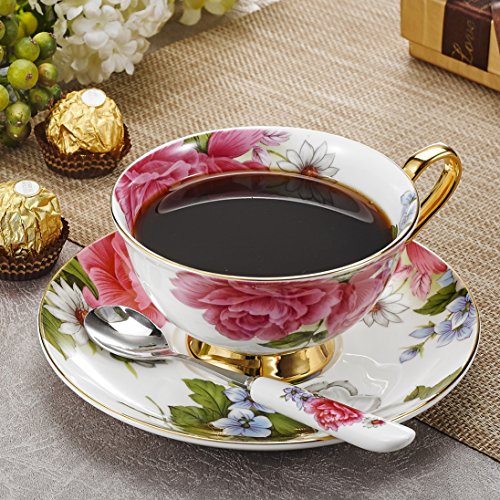 Panbado 3 Piece Bone China Tea Cup and Saucer Set with Spoon Porcelain Gold Rimmed Coffee Teacup, Service for 1, 200 ml/6.8 oz, Pink Rose, Cup & Saucer