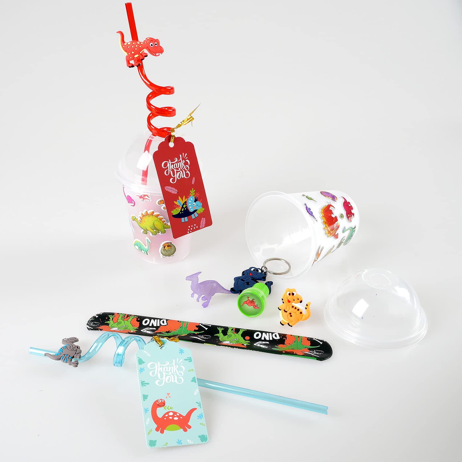 MOVINPE Dinosaur Party Favors Personalize Goody Cups with Gift Tags, Filled with Dinosaur Themed Reusable Straws Stampers Luminous Dinos Figure Slap Bracelets Keychains Rings 3D Stickers for Kids