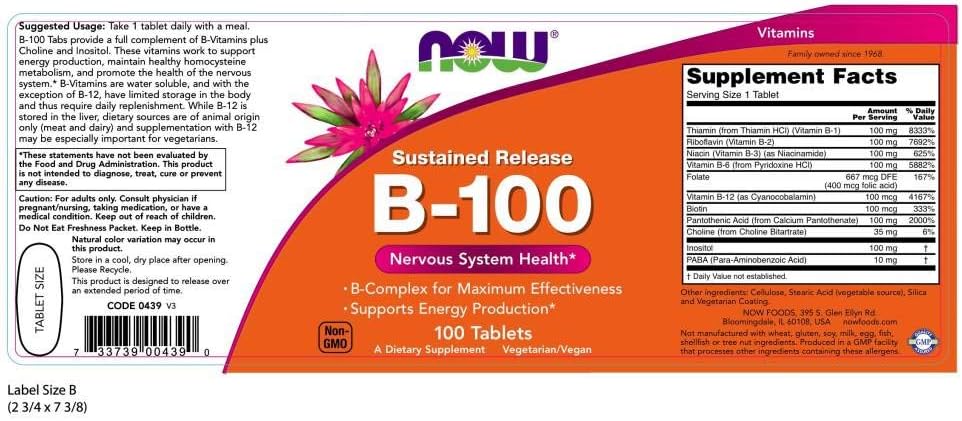 NOW Supplements, Vitamin B-100, Sustained Release, Energy Production*, Nervous System Health*, 100 Tablets: Health & Personal Care