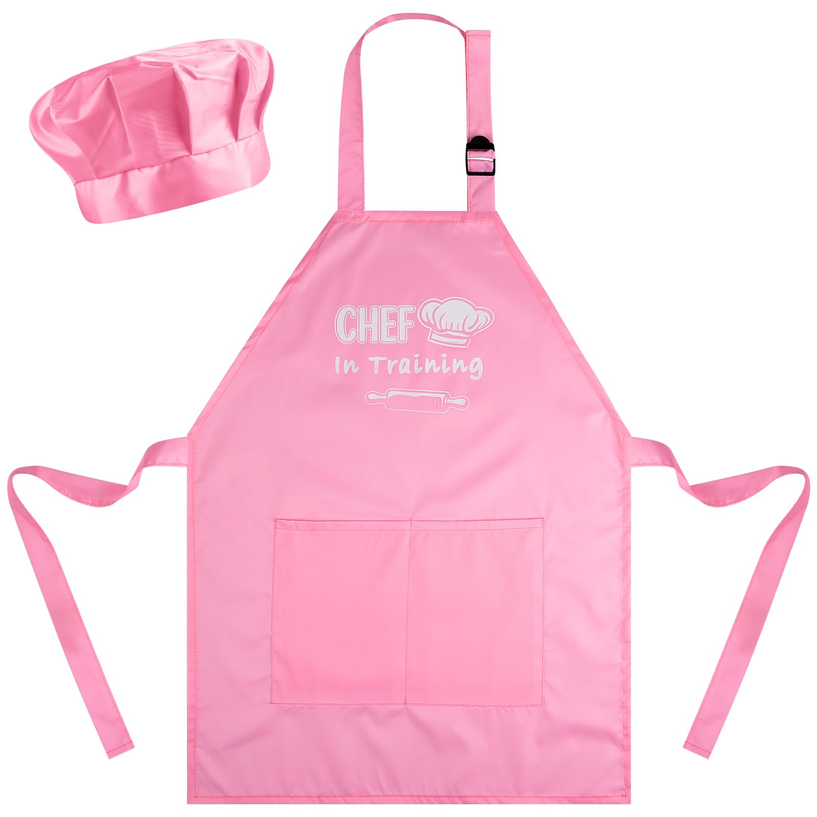 Bouiexye Kids Apron and Chef Hat Set Adjustable Child Aprons with 2 Large Pockets for Girls Boys Cooking Baking Painting Gift (Light-pink)