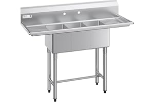 VEVOR 3 Compartment Sink, 18-Gauge 304 Stainless Steel, 10" x 14" x 10" Bowl Size, 3 Bay Commercial Kitchen Prep & Utility Si