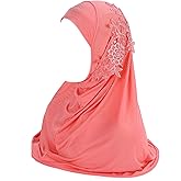 Women One Piece Muslim Hijab Lace Applique Head Wrap Scarf Shawl with Rhinestones