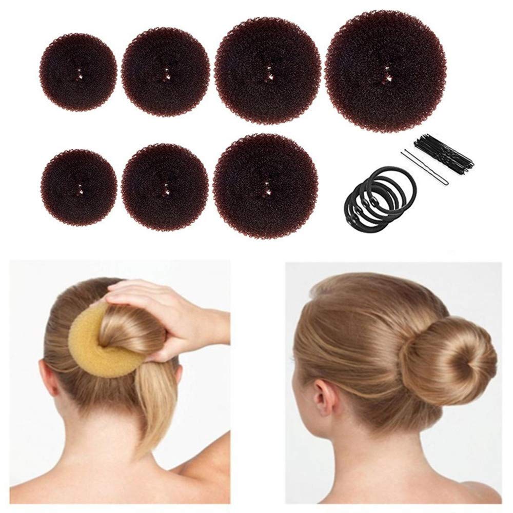 Donut Hair Bun Maker Set, 7pcs Hair Ring Style Bun Maker with Hair Elastic Bands, Hair Pins for Dance Ballet Chignon (COFFEE)
