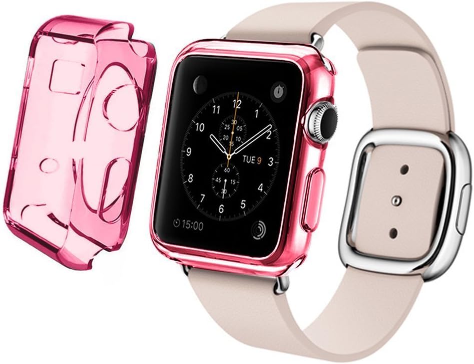 JaHoo 42mm Full Body Skin Protector Crystal Color (Black) for Apple Watch (Hot Pink Transparent)