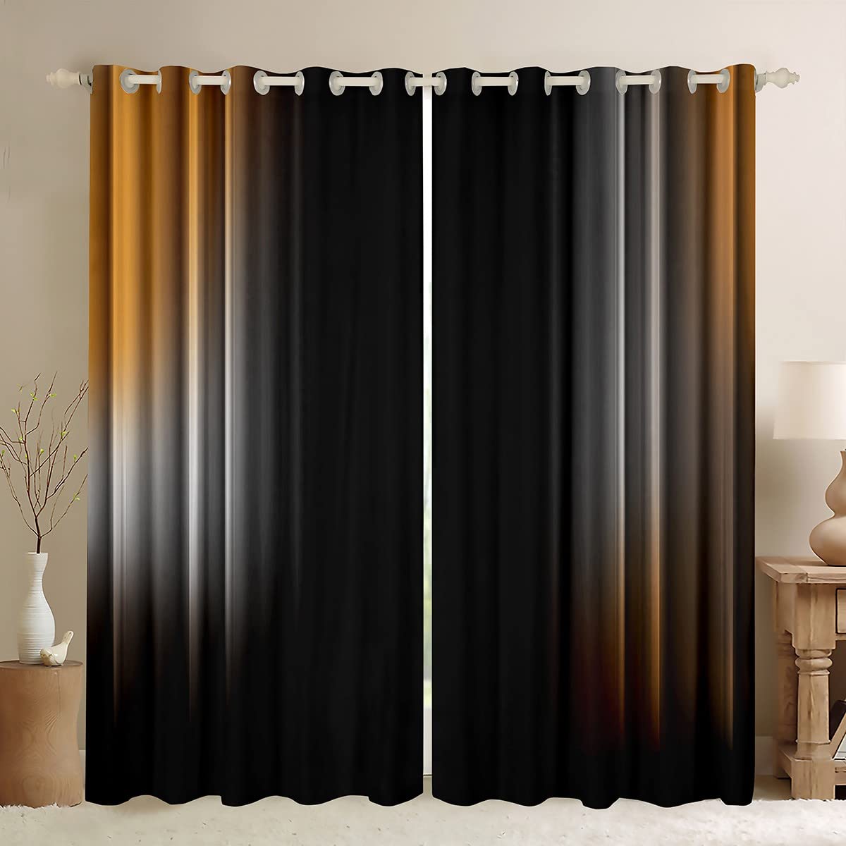 Loussiesd Geometric Abstract Ombre Curtains Teens Orange Yellow And Grey Black Striped Window Curtains for Bedroom Living Room Kids Boys Girls Modern Window Drapes Treatments W52*L90